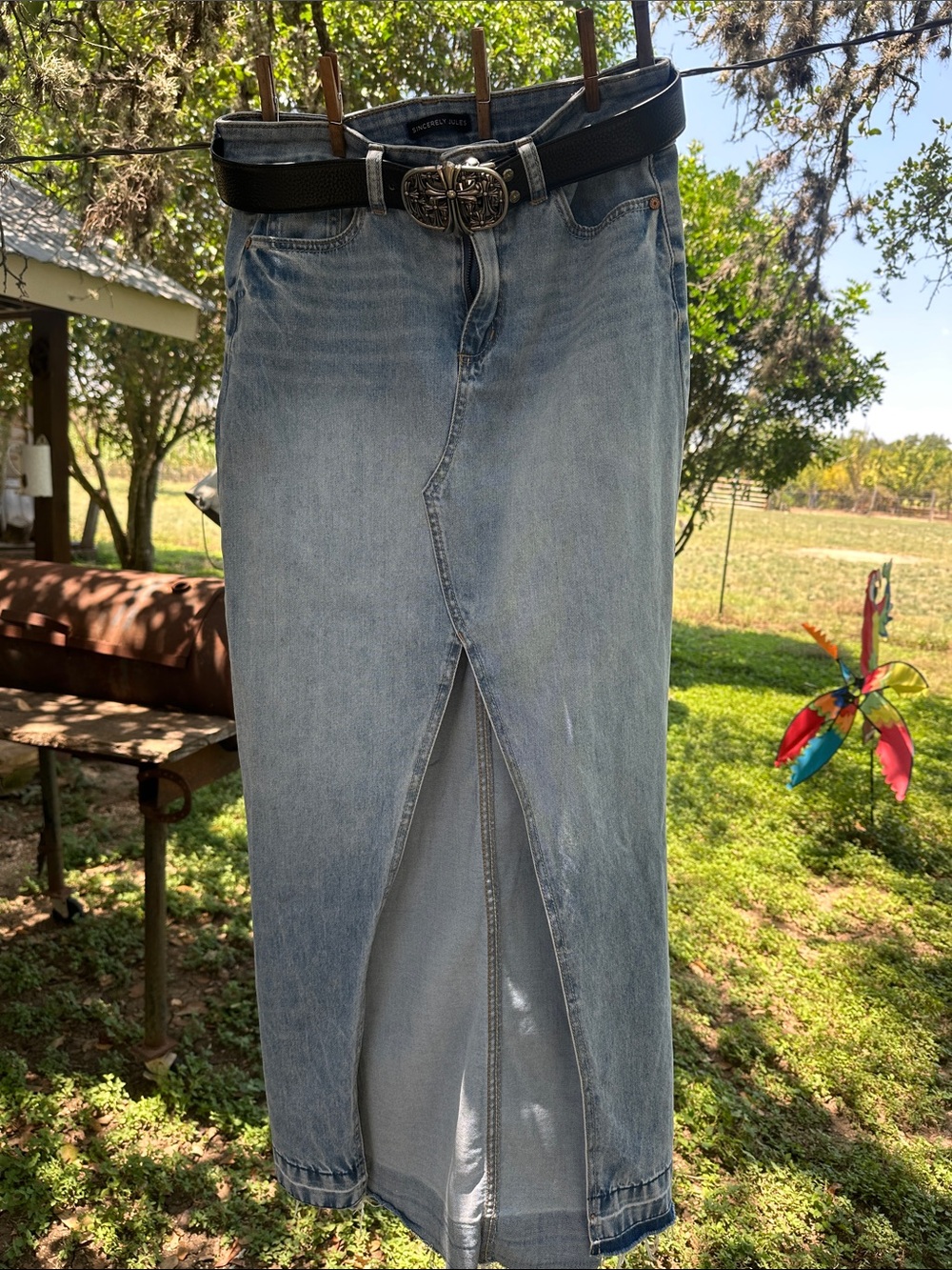 Sincerely Jules Light Wash Straight-Leg Denim Maxi Skirt with Front Slit